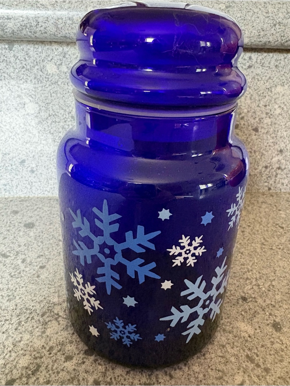 Cobalt Blue Glass Jar with Snowflake Design